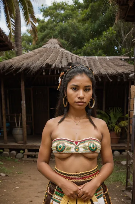 Beautiful indigenous woman, Arawak ethnicity, 26 years, wearing a traditional ceremonial dress from Caribbean