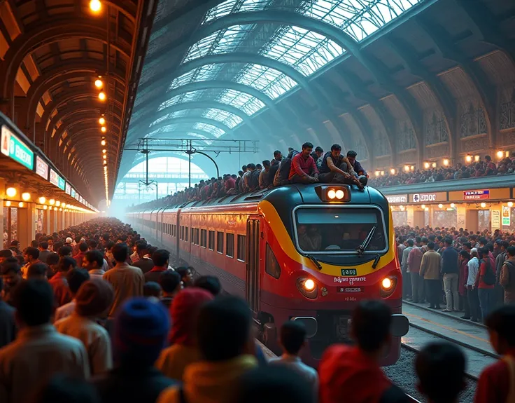 Realistic, theme is "bustling station", people overflowing on the station platform, Indian train, people even riding on the roof of the train, colorful colors, sophisticated design, advanced lighting technology, real photo 8K quality