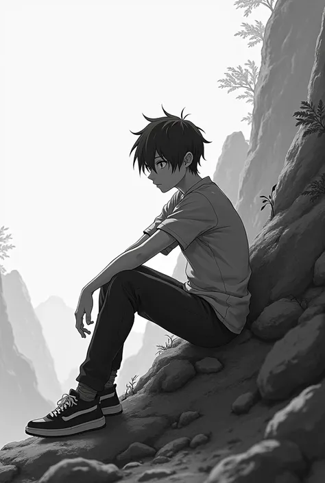 An anime man sitting and with a somewhat happy expression looking at nothing in black and white with a realistic landscape in the background
