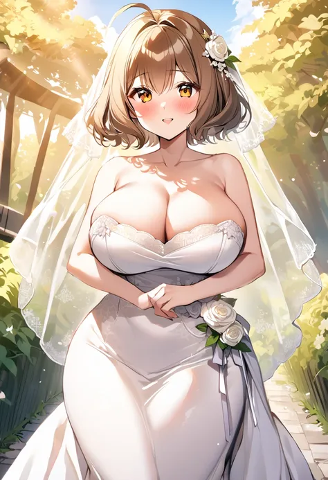 anisrnd, ahoge, short hair, brown hair, huge breasts,wide hips,outdoor,blush,wedding dress