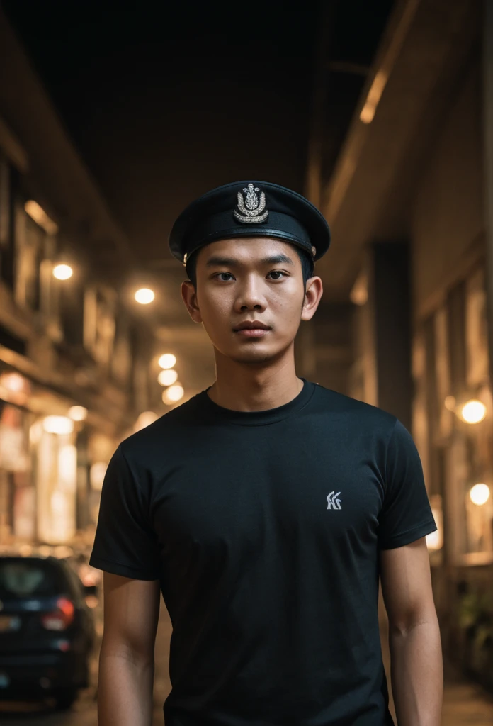 A 17-year- Indonesian man, wearing a tight black T-shirt, super realistic, cinematic effect, short military-style hair, wearing a curved-brimmed hat with the letters AE, background with dark environment, good lighting as if it were a scene from a movie, 8k...