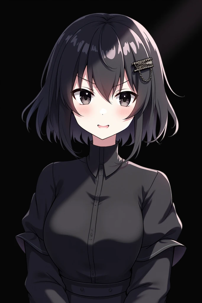 An anime-style illustration of a Roblox Girl character with black hair and white skin and wearing a black back bustles and a black art deco hair clip and a mischevious face with black eyes and a black sleeve with black Royal background 