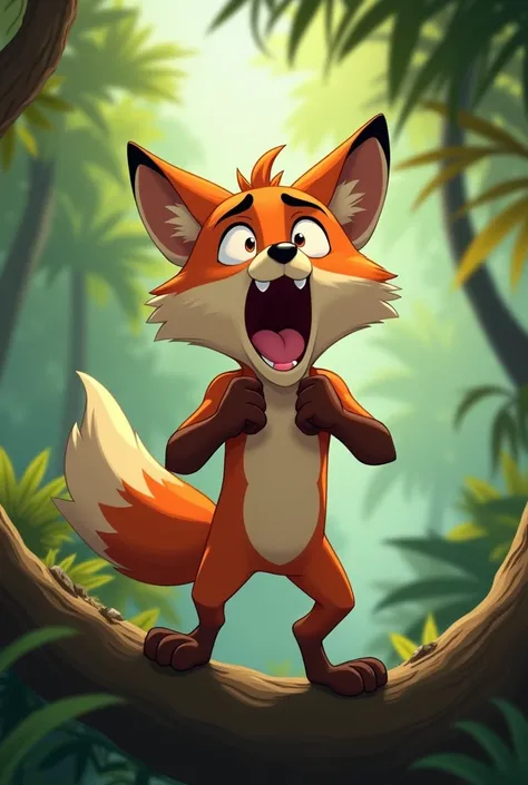 With 2d animation , A young male fox boy ,  furr  , Osea on two legs   ,  the cat Is naked in the jungle  ,  On top of a tree branch  ,   screaming like Tarzan  ,  while shouting  , The fox is hitting his chest with both arms ,   and his fists that are hit...