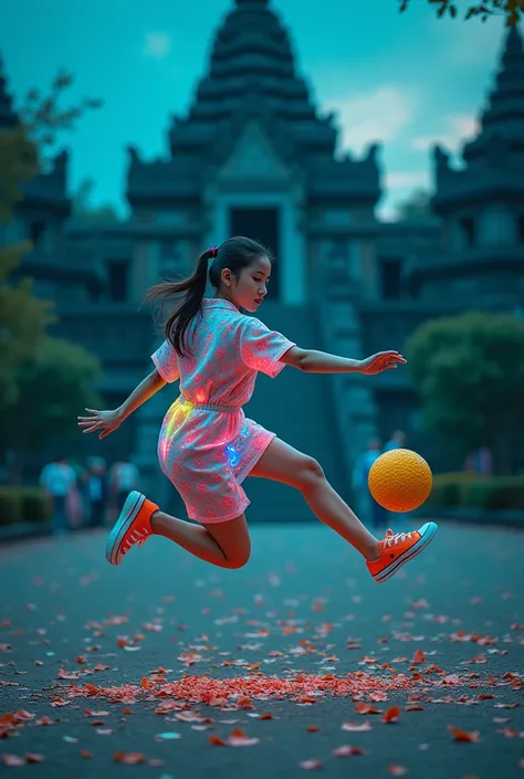 UHD drone footage of surreal bird eye view of Thai girl with pigtails, wearing traditional teenage Thai dress with RGB LED lights, neon all star shoes, playing takraw game, Thai performance, jumping kicking the takraw net with yellow rattan ball, shimmerin...