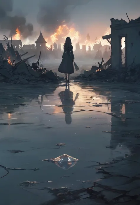  illustration,  better quality ,  symbolic and melancholic composition ,  a fragile crystal figurine resting on a small , delicate hand,  faint cracks visible on its surface , reflecting soft , pale light,  a gloomy background and with a village in ruins a...