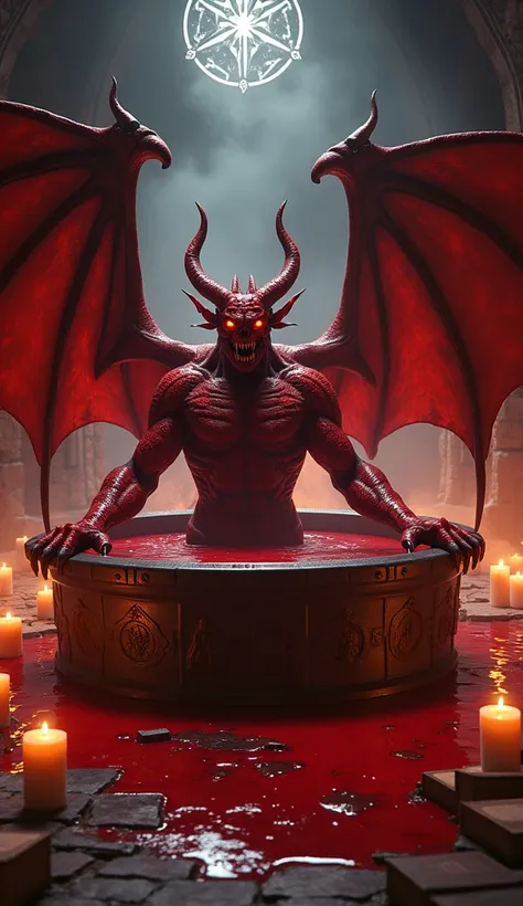 a red demon with horns and wings in a tub of blood, candles for lighting 