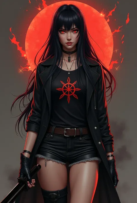  woman with long black hair  ,  red eyes , fringe, slightly muscular,  Wearing black denim shorts , black boot, t-shirt, black coat, gloves on hands,   with a black sword in her hand , Armadura preta,  symbol of ornament drawn on her forehead, and black fl...