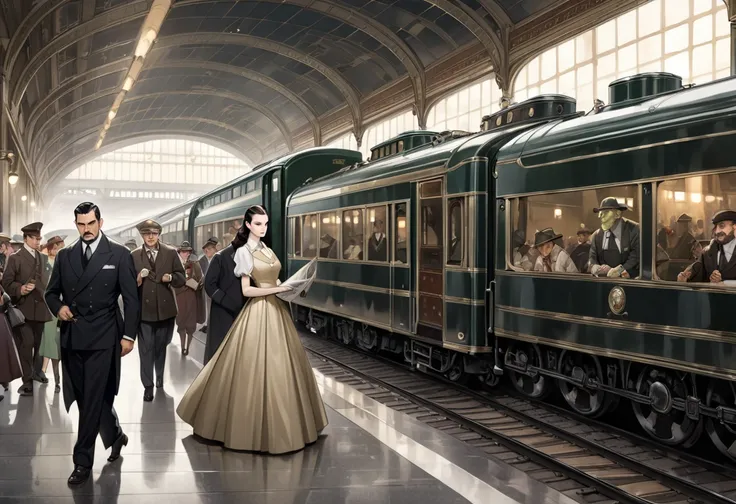 An ultra-high definition, photorealistic, highly detailed, high resolution image of an elegant 1930s train at a busy train station.  The train station is a 1930s train station re-imagined with elves, dwarves, trolls and orcs.  In the background, there is a...