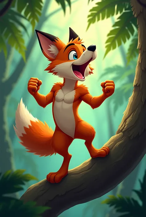 With 2d animation , A young male fox boy ,  furr  , Osea on two legs   ,  the cat Is naked in the jungle  ,  On top of a tree branch  ,   screaming like Tarzan  ,  while shouting  , The fox is hitting his chest with both arms ,   and his fists that are hit...