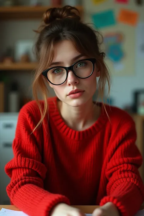 A woman
The paper is messy
I have glasses
The sweater is red
Its not that expensive
The glasses are big