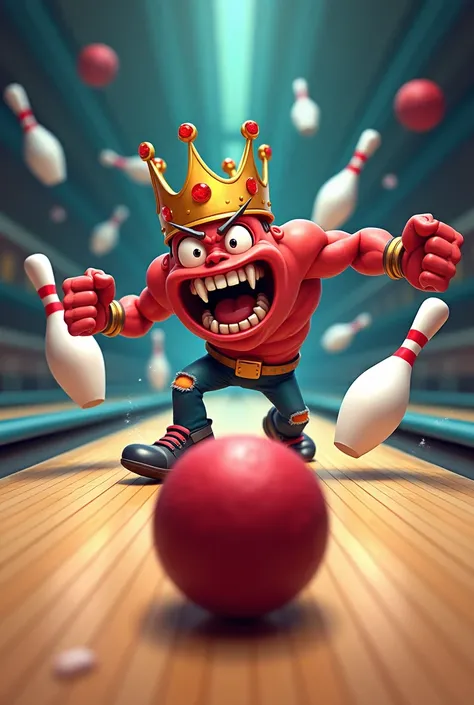 Pin bowling with crown enraged cartoon sharp teeth 