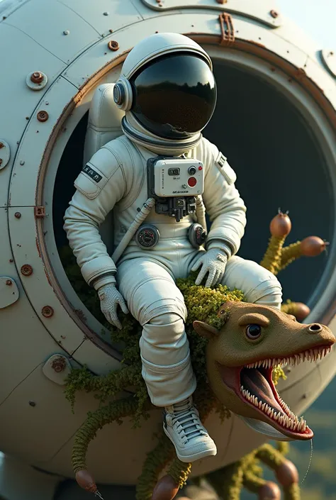 Astronaut engineer with lenses riding a mor of his ship a strange plant