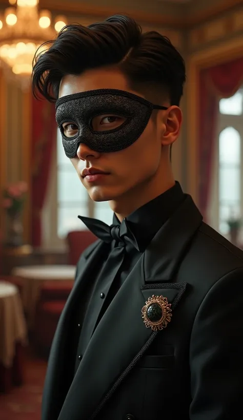 (photorealism:1.2), Handsome japanese man, 22-27 year-old, Model,  Masquerade, party, indoor, western euro style outfit, undercut hairstyles, with eye mask