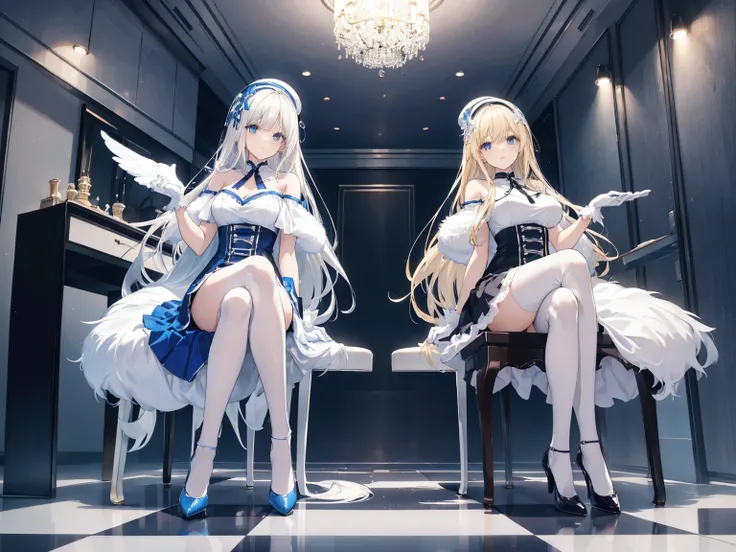 A modern living room ，Two long-haired girls 。
 One is wearing a blue and white off-the-shoulder pleated skirt ，Match it with white stockings， A blonde angel with blue heels and white gloves 。
 One is wearing a white over-the-knee dress with a high collar w...