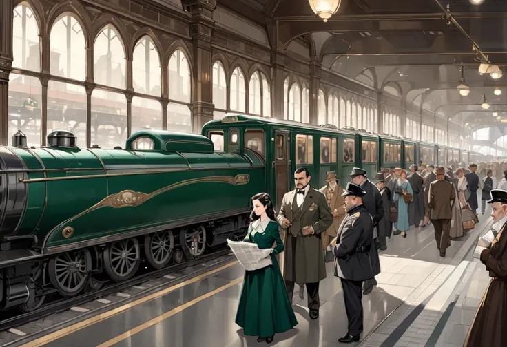 An ultra-high definition, photorealistic, highly detailed, high resolution image of an elegant 1930s train at a busy train station. The train station is a 1930s train station re-imagined with elves, dwarves, trolls and orcs. In the background, there is a t...