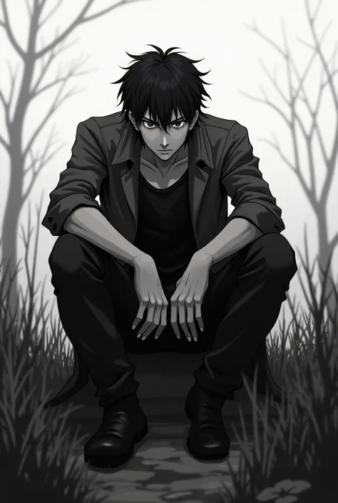 An anime man sitting with a cold expression looking at nothing in black and white with a realistic landscape in the background
