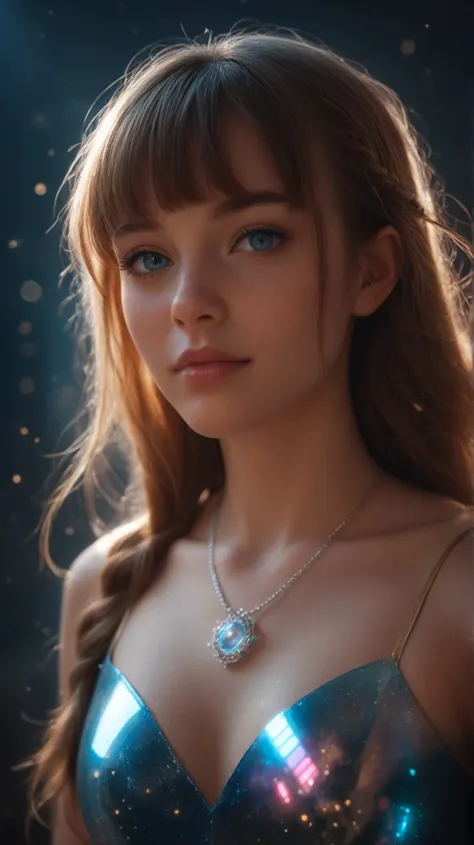 " A young woman with delicate features and bright blue eyes , surrounded by a magical aura .  She wears a hairstyle with two high bows and loose bangs ,  while fine locks fall around her face .  Her skin shines softly with iridescent reflections ,  as if c...