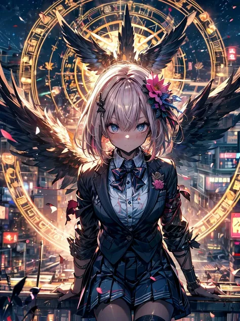 masterpiece,(Best Quality),Very detailed,Very detailed,One mechanical high schoolgirl (1girl.alone:1.4)(Sky background above central Tokyo:1.2),(A gal high school girl with dark tanned skin:1.2)Very attractive eyes(Fully open white stand collar shirt suit ...