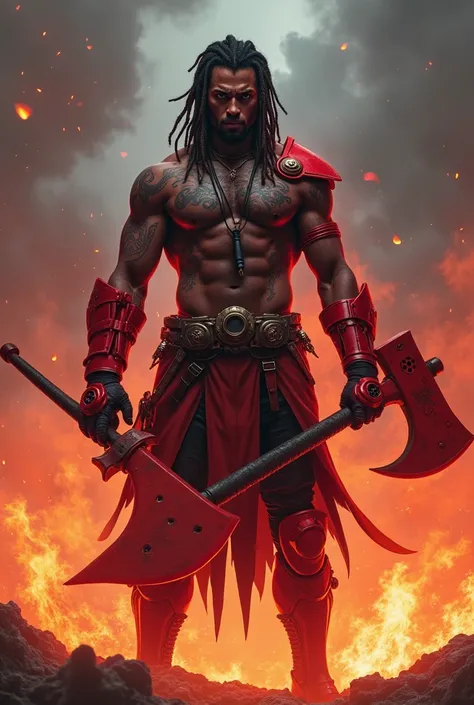 A dark skinned muscular man with dreadlocks and tattoos of age 21 and around 6 ft holding a red coloured mechanical axe of 5 ft, surrounded by flames, and glowing with a red aura wearing red coloured mechanical gauntlets. Wearing cyberpunk style battle arm...