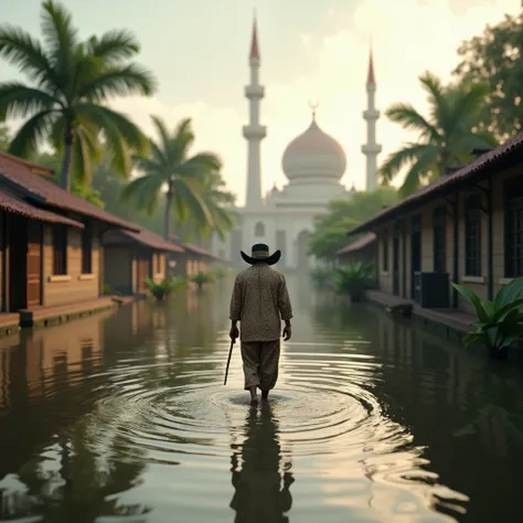 Super realistic images, Wide photography, Ambient color, A Malay guy, walking front the mosque, flood situation. Malaysian village bacground.