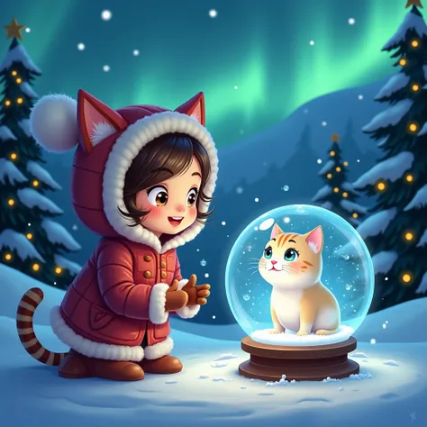   Crystal ball Close-up of a cat Snow visible Northern Lights and snowy mountains , Reindeer Christmas Trees  , New Year&#39;garlands,   Very pretty A looks at her hands and looks at the crystal ball  ,   One with a hat with a hoodie and warm fur gloves in...