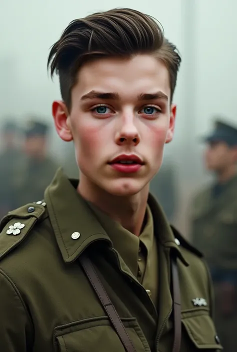 Handsome Male soldier during ww1, looks out of a movie, with brown hair and light blue eyes, mustache, No helmet or hat, just in green uniform.