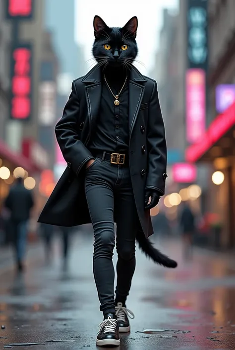 The Trendsetter": A sleek black cat in a stylish, oversized blazer, skinny jeans, and high-end sneakers. The cat walks with confidence, eyes sharp and head held high, embodying the essence of a modern fashion influencer.