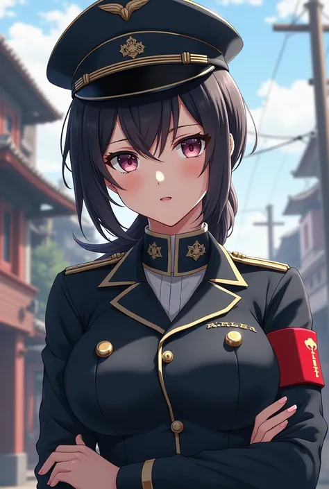 An anime girl ,  mature with black hair 
Let it be military and would be ,  with her hair in a low ponytail that has a hat and a red band on her arm , that is semirealistic detailed like Japanese 