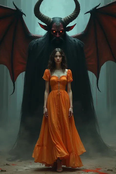 Create image in which a devil is in background and a Juliet who is wearing 90s frock present in front 