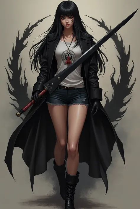  woman with long black hair  , Black eyes and no irises , fringe, slightly muscular,  Wearing black denim shorts , black boot, t-shirt, black coat, gloves on hands,   with a black sword in her hand , Armadura preta,  symbol of ornament drawn on her forehea...