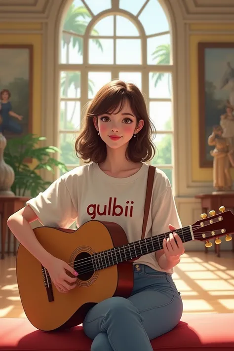 There is a very cute girl sitting in a museum room. She is holding a guitar in her hand, and her name "Gulbiii" is written on her shirt.