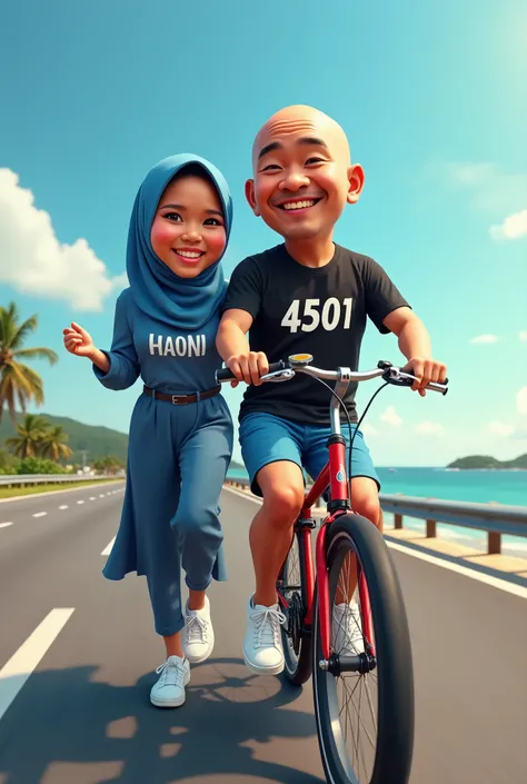 Photo of 4D caricature of Indonesian couple, Indonesian face, shaved and bald man wearing a black t-shirt that says 4501, blue shorts, wearing white shoes, woman wearing a blue hijab, wearing a colored t-shirt like the man, wearing a long skirt and wearing...