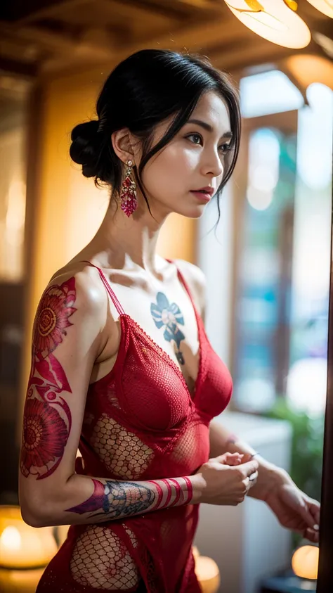 Anime-style woman, thin, thin, whole body, Full of tattoos, Lots of earrings, Beautiful and shiny hair, Rainbow Eyes, Slanted Eyes, Wavy Hair, Kind and charming, shoulderを露出させる, Delicate and sexy collarbone, Attractive oval face, double eyelid, Pink Lips, ...