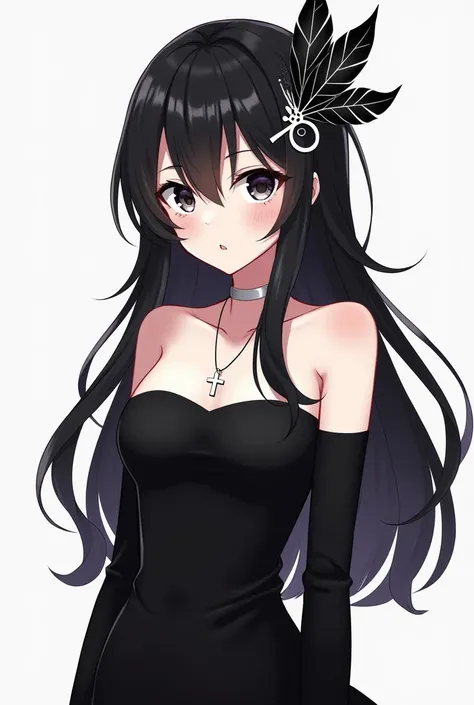 Full picture for a anime-style illustration of a Roblox Girl character with long black hair and white skin and wearing a black back dress and a black and withe art deco feather hair clip and a mischevious face with black eyes and a black sleeve and a white...