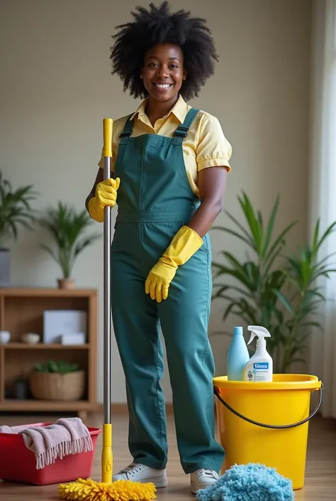  a realistic photo of a black lady her cleaner with her cleaning materials 