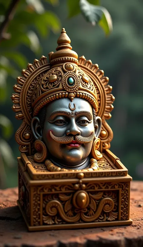 A divine "Sathavin theiveega" (face mask) resembling Lord Ayyappa’s face, with detailed features, including a mustache, placed inside a beautifully crafted "peddiyil" (box). The face mask reflects the sacred attributes of Lord Ayyappa, with intricate engra...