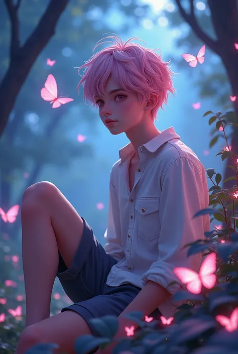 A young man with short hair and bangs, not styled, light pink hair, pink eyes, is a fantasy student, Sitting in the butterfly forest at night 