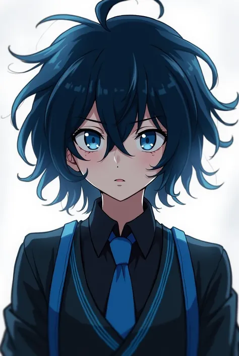  Teenager White with messy navy blue hair up to the shoulders with some locks on protrusions and blue eyes , somewhat antisocial wearing Japanese school uniform , A boy with telepathic powers from the anime mob Pshyco 100 , A somewhat dismissive look and o...