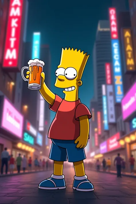 Bart Simpson holding a pitcher of beer with one hand while greeting the other against a background of neon lights of the night city
