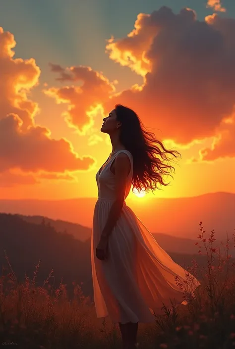 Create a picture of a woman standing looking at the sky at sunset, giving a feeling of warmth