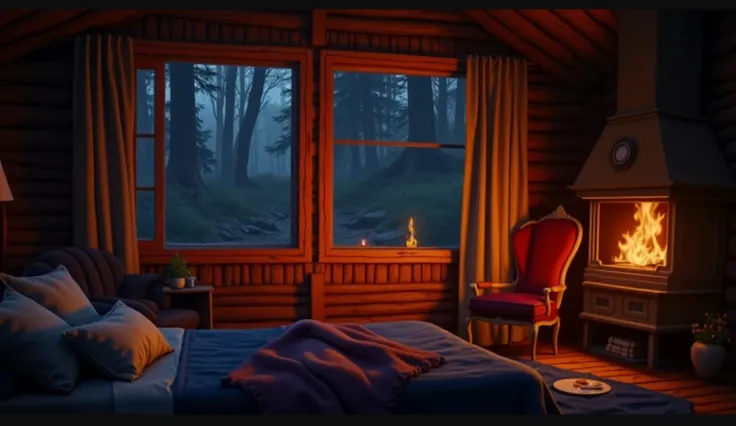 Bedroom with view of dark forest fireplace
