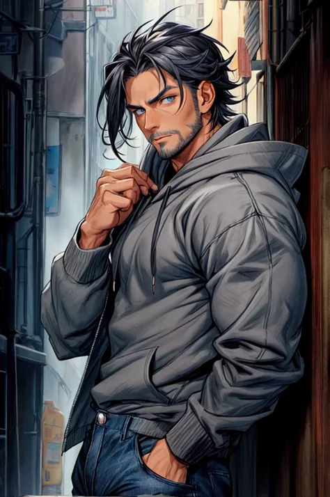 Anime male, tan skin, medium long length black hair with grey streaks, mature male, blue eyes, broad shoulders, tall and muscular, wearing a blue hoodie and dark jeans, perfect eyes, stubble on his chin and jaw