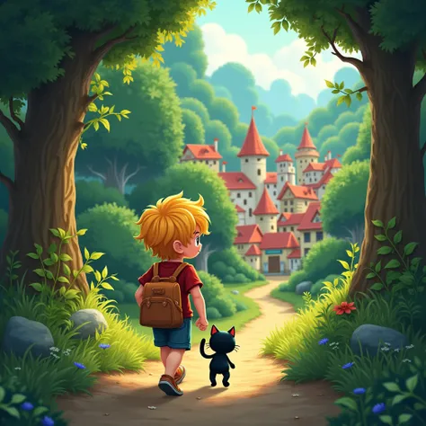 a yellow-haired boy and a small black cat happily headed towards a beautiful village on the edge of a dense forest