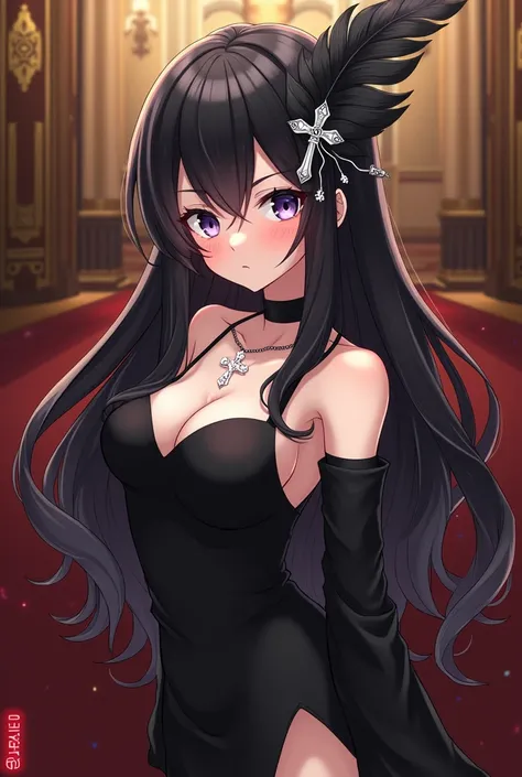 Full picture for a anime-style illustration of a Roblox Girl character with long black hair and white skin and wearing a black back dress and a black and withe art deco feather hair clip and a mischevious face with black eyes and a black sleeve and a white...