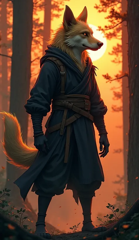 Create a hybrid character that combines the characteristics of a young ninja and a strong, protective dog, merging them into a single creature. The setting should be a forest at dusk, with tall trees and warm orange and red tones, suggesting fire or a suns...