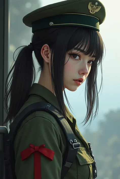  A realistic Japanese girl with long hair and low ponytail ,  would be and that I went through severe trauma .. is military and wears a low ponytail and a red ribbon on her arm, Also a hat  