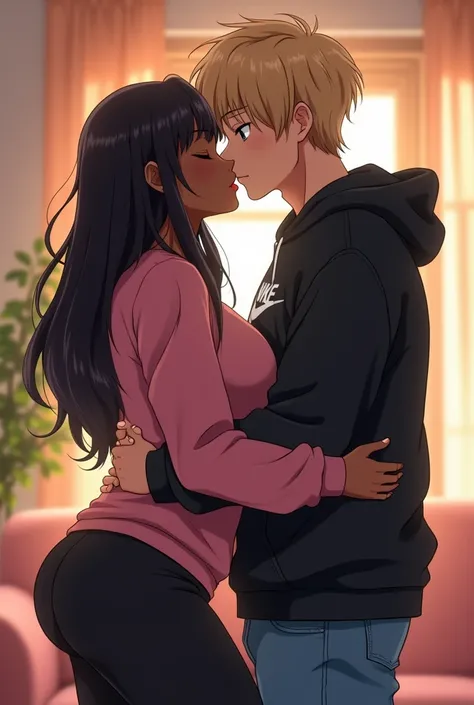 an anime couple .  A black woman with long fringed hair on her forehead .  The woman has round breasts and a big perky butt .  The woman wears black leggings tied together ,  Her sweatshirt is pink .  The boy is white with blond hair with bangs on his fore...