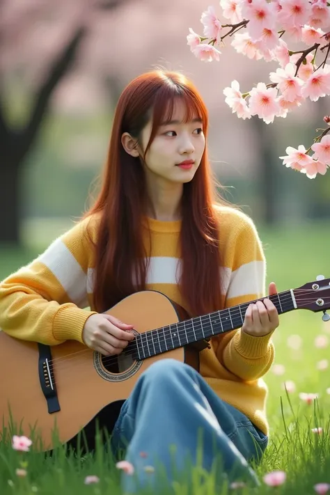 Beautiful Korean woman with long straight hair bangs of light maroon color wearing yellow white striped sweater long jeans casual shoes is sitting in a garden of green grass and cherry trees while playing guitar 