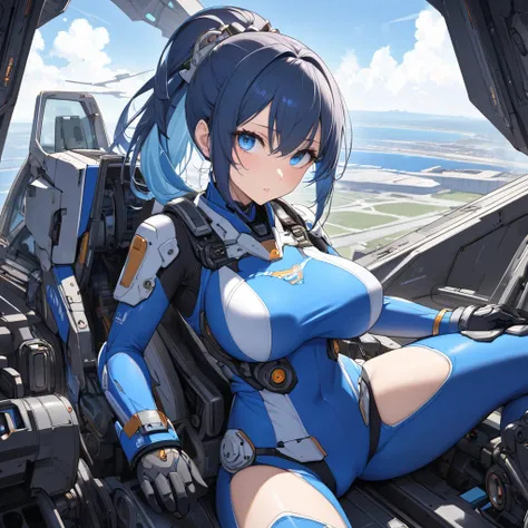 a pretty girl is sitting mechs cockpit,tight pirot suit,blue up ponytail,big breasts,sharp eyes