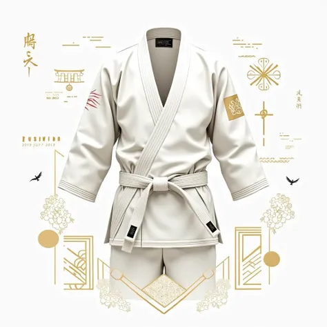 "Create a minimalist and elegant interior design for a Jiu-Jitsu kimono with a color palette of white and gold. The design should feature refined, subtle elements such as a katana sword, cranes, bamboo, and a Torii gate in soft gold. Integrate the Japanese...